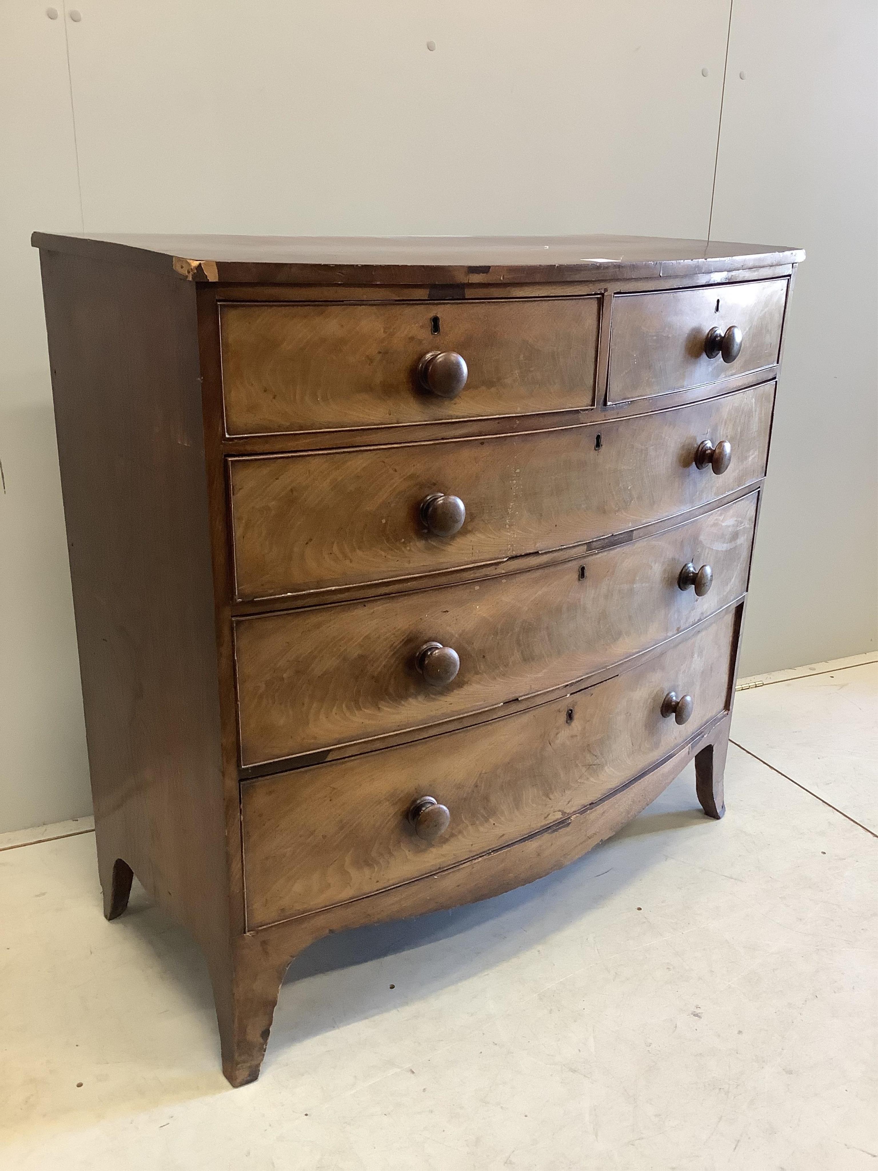 A Regency mahogany bowfront chest, width 106cm, depth 50cm, height 102cm. Condition - poor